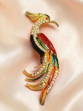 Bird of Paradise Brooch Vintage Large Colorful Enamel Rhinestone 4.5”
